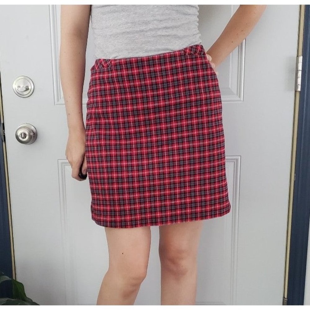 90s Red and Gray Plaid Mini Skirt